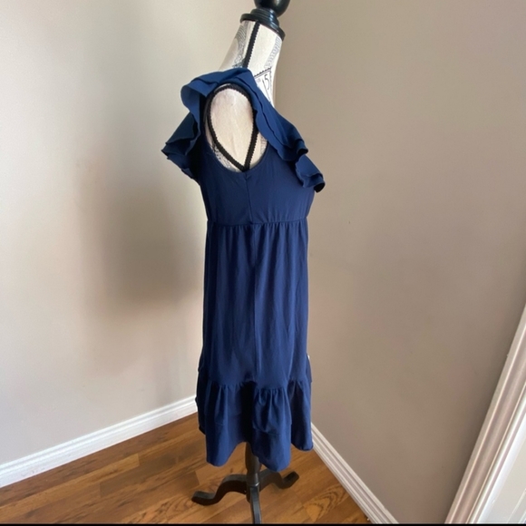 Navy Blue V-neck Ruffed Dress - Picture 3 of 5